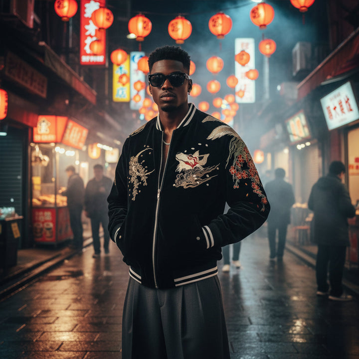 Kitsune Spirit Sukajan Bomber Jacket (Black &amp; Red)
