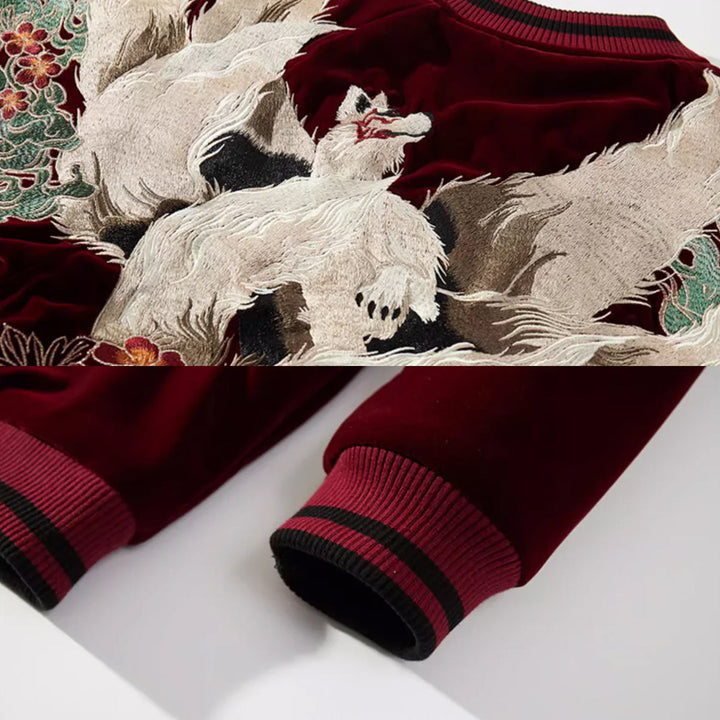 Kitsune Spirit Sukajan Bomber Jacket (Black &amp; Red)