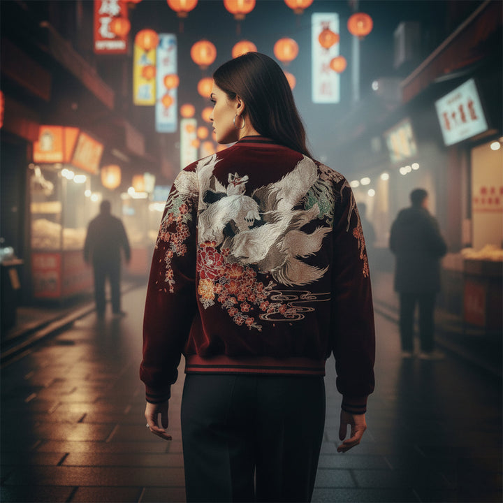 Kitsune Spirit Sukajan Bomber Jacket (Black &amp; Red)