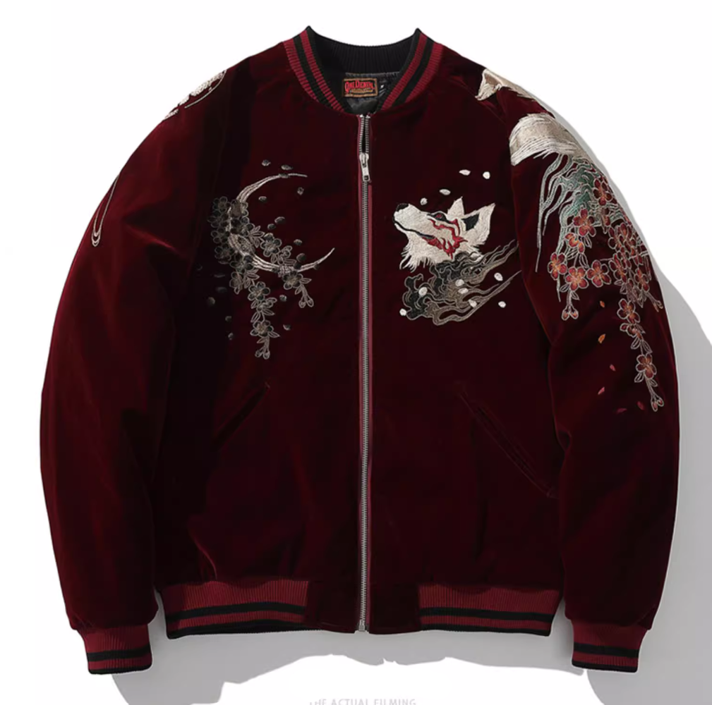 Kitsune Spirit Sukajan Bomber Jacket (Black &amp; Red)